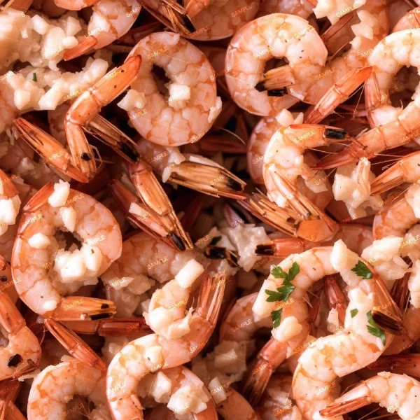 A close-up image of a large pile of cooked shrimp with their shells on. Some shrimp are garnished with parsley. The shrimp are displayed in a tightly packed arrangement, showcasing their bright orange color and texture.