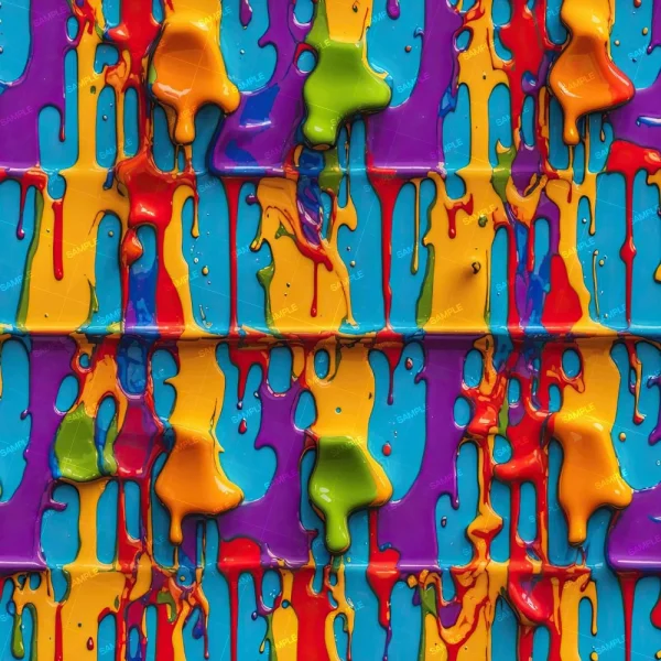 A vibrant abstract image featuring drips of multicolored paint streaking down a textured surface. Colors include red, yellow, blue, green, purple, and orange, creating a bright, dynamic pattern over a blue background.