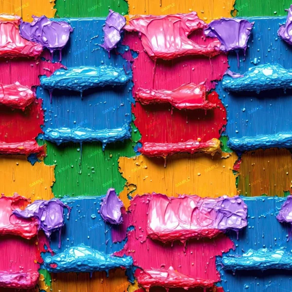 Abstract painting featuring thick, textured patches of bright colors including blue, red, yellow, green, orange, and purple. The paint appears layered and roughly applied, with a grid-like pattern giving it a three-dimensional, tactile quality.