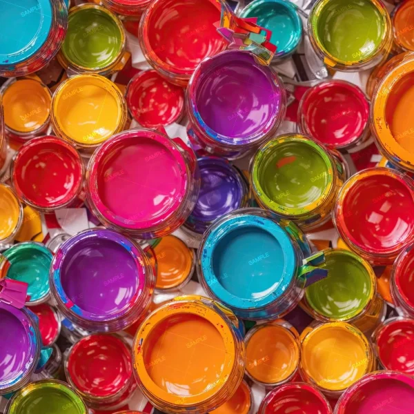 Top view of various open paint cans, filled with brightly colored paints including red, blue, green, yellow, orange, pink, and purple, arranged closely together.