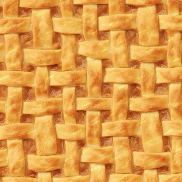 A close-up image of a lattice-topped pie. The golden-brown pastry is woven into an overlapping pattern, covering a slightly visible filling beneath. The image has been overlayed with the word "SAMPLE" in light text.