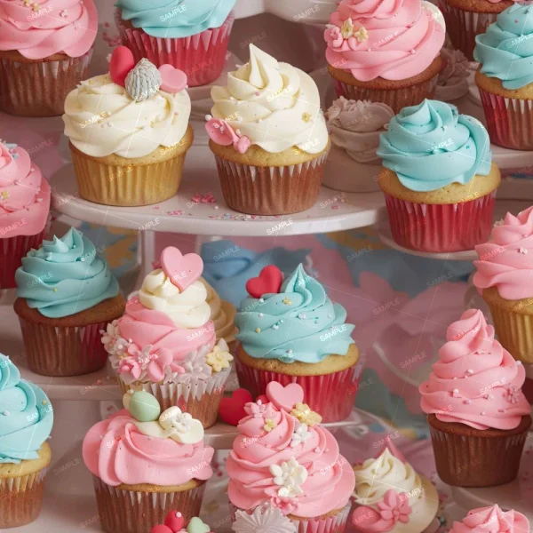A multi-tiered stand displays a variety of decorated cupcakes. Each cupcake is topped with swirls of pastel-colored frosting in shades of pink, blue, and white, as well as various decorative toppings such as hearts, flowers, and sprinkles.