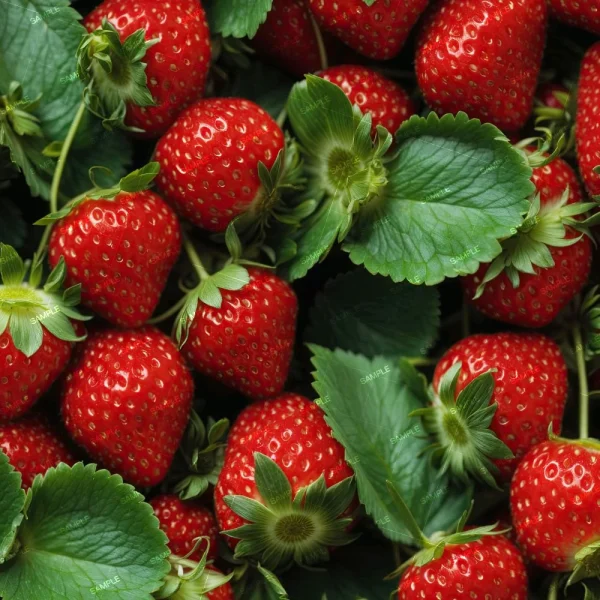 A close-up image of numerous ripe red strawberries with green leaves arranged closely together. The strawberries are fresh, with a vibrant red color and small seeds visible on their surfaces. Green leaves are interspersed among the berries.