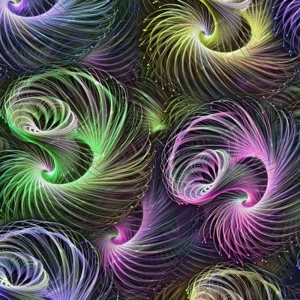 Abstract image featuring a swirling pattern of multicolored, wispy lines. The lines create a dynamic sense of movement and form spiral shapes. Dominant colors include green, purple, yellow, and blue, set against a dark background.