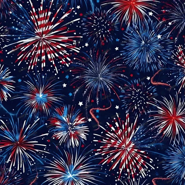 A dark background filled with various firework bursts predominantly in red, white, and blue colors. The sparks and trails create a festive and celebratory pattern. Some fireworks include star motifs, contributing to the patriotic theme.