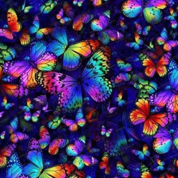 A vibrant pattern featuring various sizes of butterflies with multicolored wings, set against a dark blue background. The butterflies display shades of blue, green, purple, yellow, orange, and red, creating a dynamic and colorful visual.