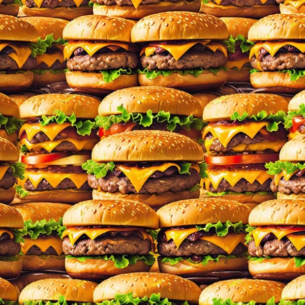 A pattern of cheeseburgers features sesame seed buns, beef patties, melted cheese, lettuce, onions, tomatoes, and pickles. The image shows several rows of identical, neatly stacked cheeseburgers against a plain background.