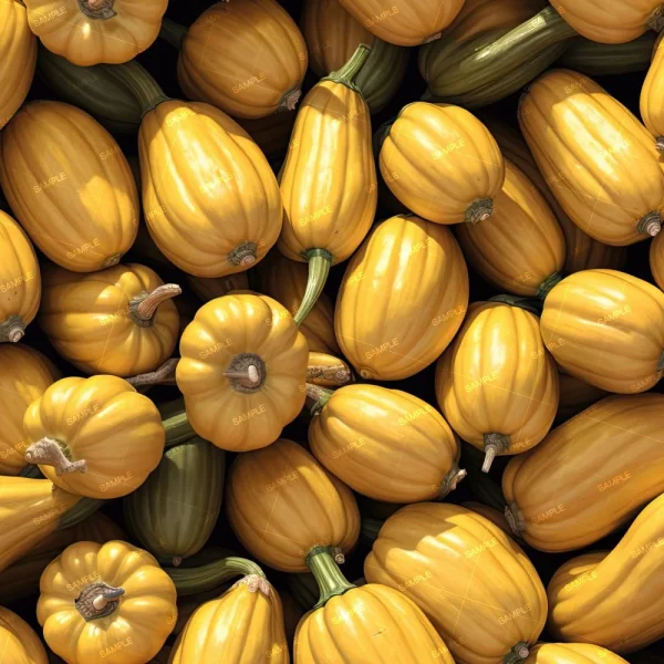 A pile of yellow-orange squash with some green stems. The squash has a ribbed texture and a shiny surface. The image is densely packed with the squash fruits overlapping each other. Some shadows are visible, indicating lighting from above.