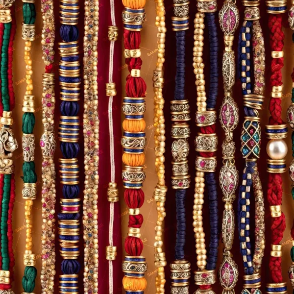 A close-up image displays an assortment of colorful and intricately designed rakhi bracelets. The rakhis feature a variety of beads, threads, and embellishments in hues of red, blue, gold, and green, arranged vertically against a vibrant backdrop.