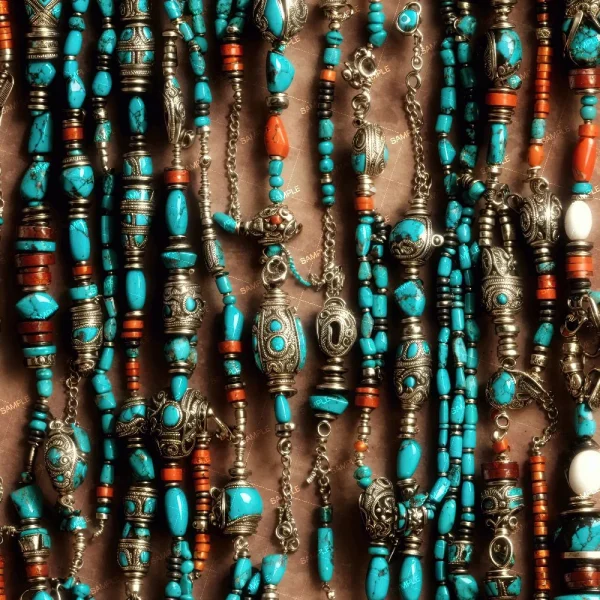 A collection of beaded necklaces with intricate and colorful designs, featuring turquoise and coral beads, as well as ornate metal elements. The necklaces are densely arranged side by side, showcasing a variety of patterns and textures.