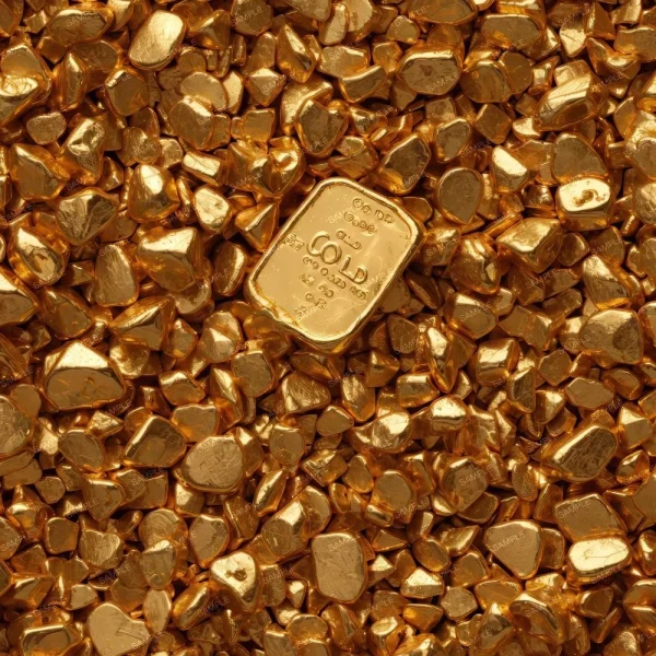 A pile of gold nuggets surrounds a single gold bar embossed with the text "Gold 20g AU999.9" and other small inscriptions. The gold bar is positioned towards the center, slightly tilted. The image has a rich golden hue.
