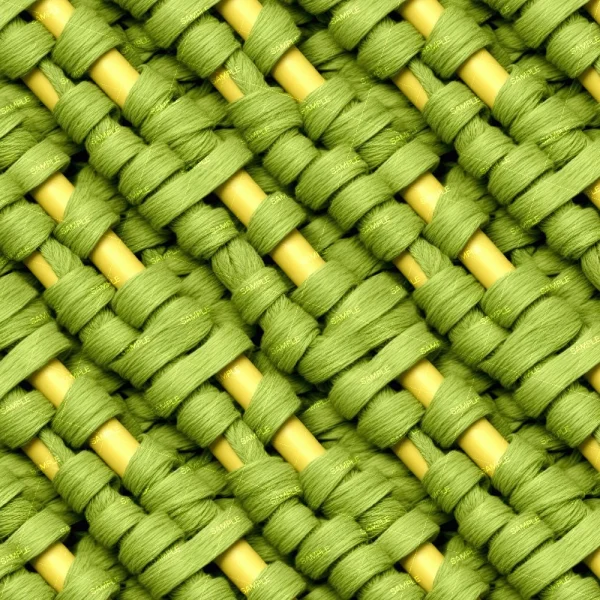 Close-up image of a woven texture made with alternating strands of bright green and yellow material. The weaving pattern creates a dense and intricate design.