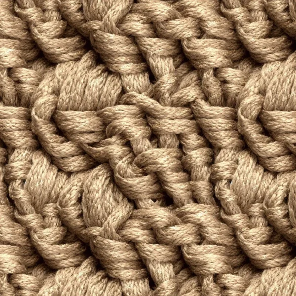 A close-up view of a tightly woven, chunky, natural-colored rope pattern. The texture is thick and braided, creating an intricate and coarse surface.