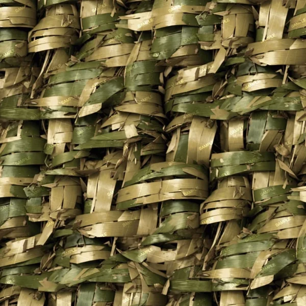 A close-up image of tightly woven green and dry brown palm leaves. The leaves are interlaced in a crisscross pattern, creating a textured surface.