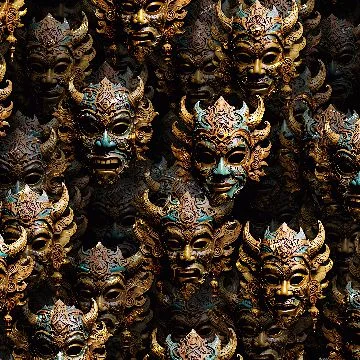 An image showing a collection of ornate, traditional masks with elaborate designs, horns, and intricate patterns. The masks are predominantly in shades of gold, bronze, and turquoise, with some featuring menacing expressions. They are closely packed together.