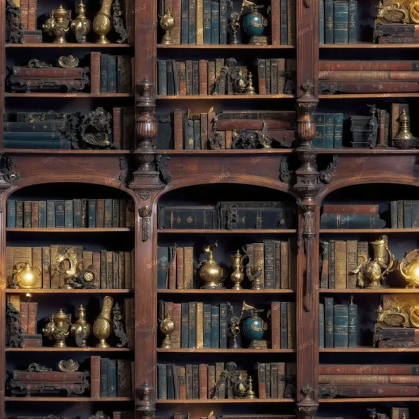 A large wooden bookshelf contains an assortment of old books and bronze artifacts, including globes, vases, and various decorative objects. The bookshelf is ornately carved with columns and intricate details, giving it a vintage appearance.