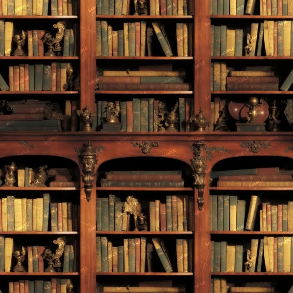 A wooden bookshelf filled with a variety of books and decorative items. The books are of various colors and sizes, arranged in a somewhat disorganized manner. Ornate sculptures and figurines adorn the shelves, adding a vintage aesthetic.