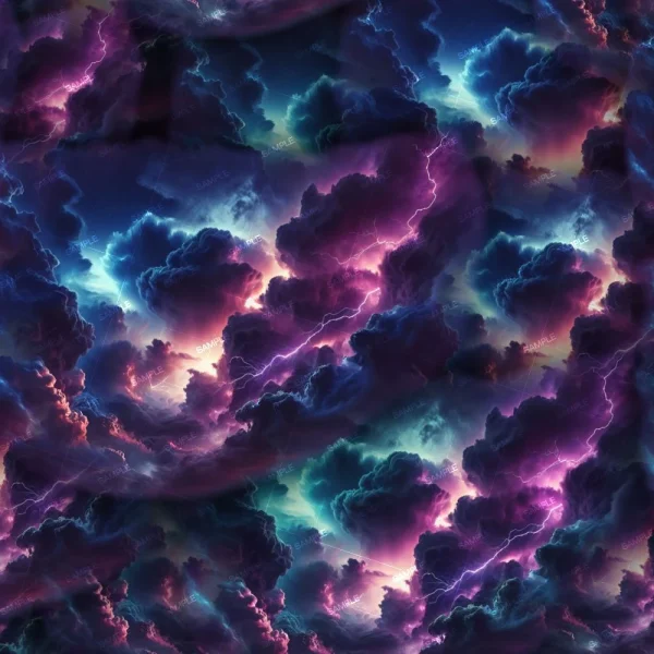 A vibrant and dramatic sky filled with dark, swirling clouds illuminated by bright, purple and pink lightning. The stormy backdrop features deep blues and turquoises, creating a dynamic and striking visual effect.