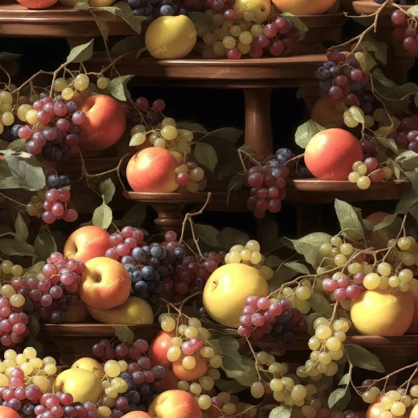 A wooden shelf filled with an assortment of fruits, including red and green grapes, apples, peaches, and pears. Some leaves are scattered among the fruits, creating a natural, abundant arrangement. The lighting casts soft shadows, enhancing the colors and textures.