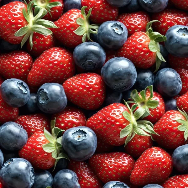 A close-up image showing a mix of ripe strawberries and blueberries. The strawberries are red with green leaves attached, while the blueberries are dark blue, creating a vibrant, colorful arrangement of fresh fruits.