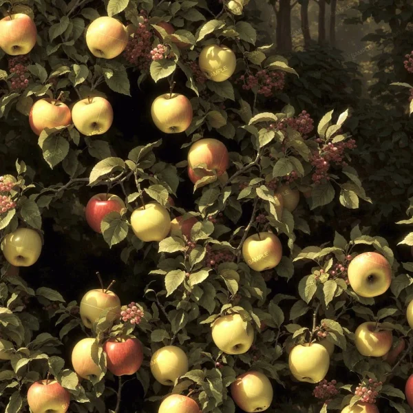 A densely packed apple tree with branches full of ripe red and green apples. Some clusters of small pink flowers are also visible among the leaves. The background is shaded, indicating a densely wooded area.