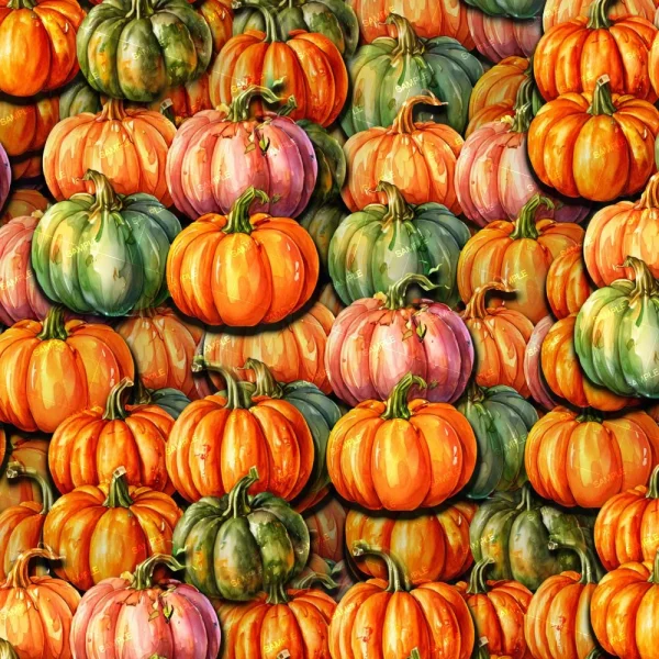 This image shows a large collection of pumpkins in various colors including orange, green, and purple, stacked closely together. The pumpkins exhibit different shapes and sizes with a realistic, glossy appearance.