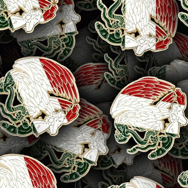 A pattern featuring multiple pins in the shape of a griffin with white wings, red feathers, and a red beak, clawing at green and gold serpents. The griffins are layered and overlapping against a dark background.