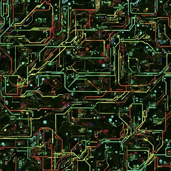 An intricate close-up view of a computer circuit board with neon-colored traces and components. The board is densely packed with various pathways and elements in shades of green, red, and yellow on a dark background.
