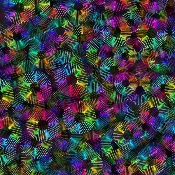 A colorful abstract pattern featuring overlapping circles. Each circle is composed of radiating, rainbow-hued lines, creating a visually striking, kaleidoscope-like effect. The image is vibrant and densely packed with these vivid circular designs.