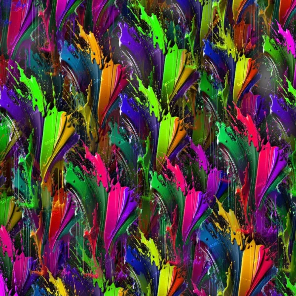 A vivid abstract image featuring an explosion of colorful paint splashes in shades of green, purple, yellow, blue, red, and pink. The splashes overlap and create a dynamic, textured pattern against a dark background.