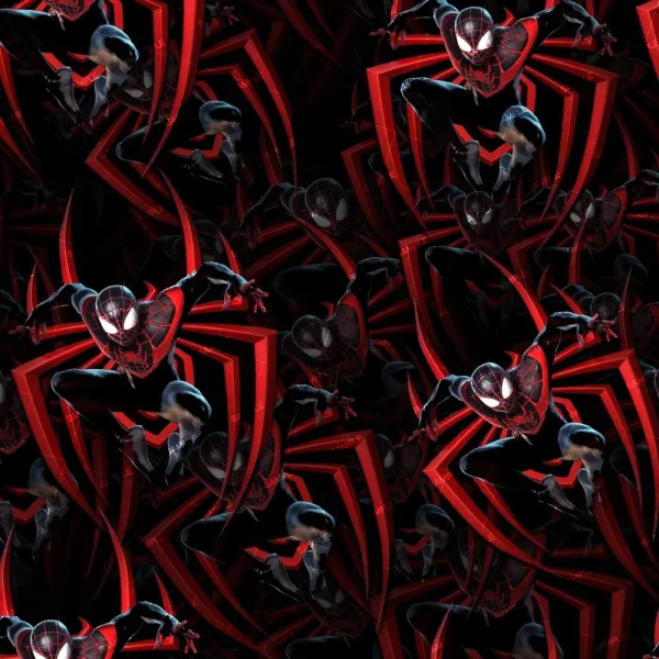 An animated pattern featuring the character Spider-Man in various dynamic poses. The black and red suit is prominently highlighted, with web designs in the background. The repetition creates a striking, energetic visual effect.