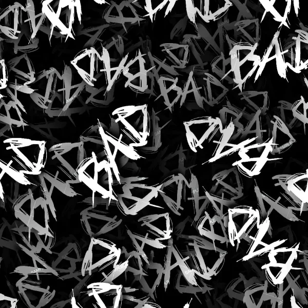An abstract pattern featuring the word "BAD" repeatedly written in a white, rough, graffiti-like font against a black background. The words overlap and vary in size and orientation, creating a chaotic visual effect.