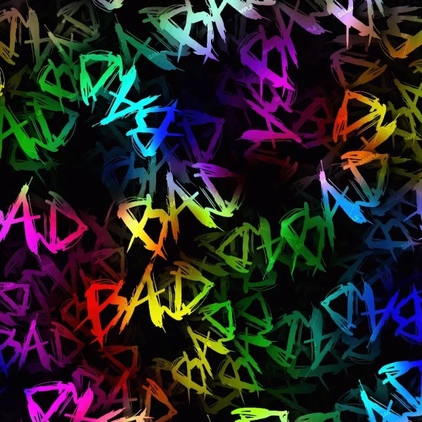 A colorful graffiti art display featuring the word "BAD" repeatedly written in various sizes and orientations. The text appears in a mix of vibrant colors including yellow, green, blue, red, purple, and more, set against a predominantly black background.