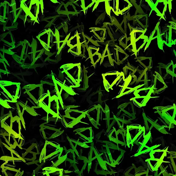 A pattern of scribbled green and yellow letters on a black background. The majority of the letters form the word "BAD" in a chaotic and overlapping arrangement. The text appears in a roughly hand-drawn style. The overall image has a graffiti-like effect.