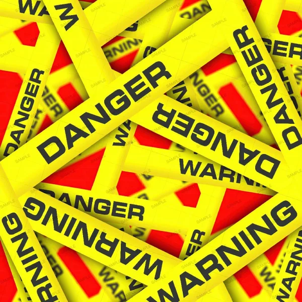 A chaotic arrangement of yellow 'Danger' and 'Warning' signs overlapping each other, set against a red background. The signs are all in bold black capital letters, with the word 'DANGER' and 'WARNING' repeated multiple times.
