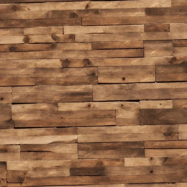 The image shows a close-up view of a wooden wall composed of rectangular, horizontally stacked planks. The planks vary in shades of brown, with a weathered appearance, and have visible wood grain patterns. There are faint "SAMPLE" watermarks across the image.