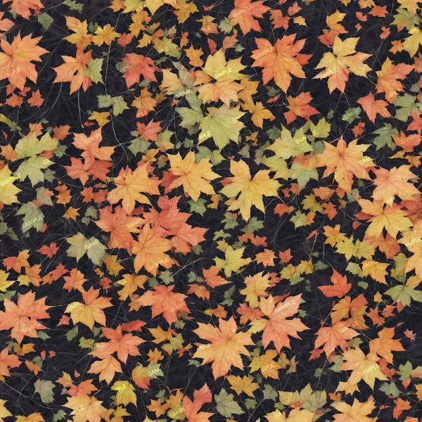 A dense pattern of fallen autumn leaves in varying shades of orange, yellow, green, and brown covers the ground. The leaves are scattered randomly, creating a vibrant and colorful carpet.
