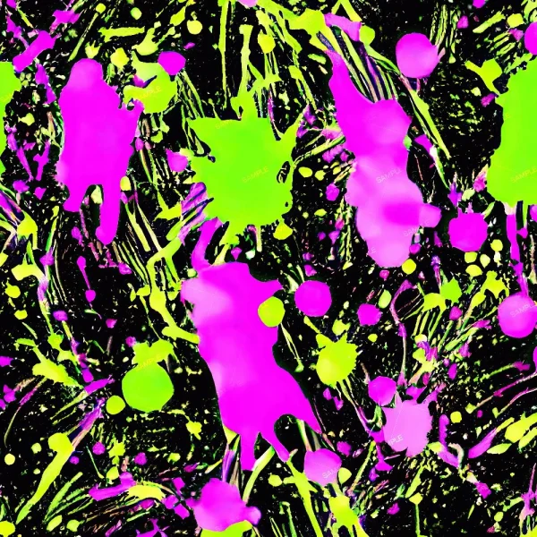 An abstract art piece featuring splashes and drips of bright neon pink, green, and yellow paint on a black background. The paint splatters are irregularly shaped and vary in size, creating a dynamic and chaotic pattern.