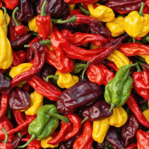 A vibrant mix of assorted bell peppers and chili peppers in various colors, including red, green, yellow, and dark red, are piled together. The peppers create a colorful, textured background, showcasing the diverse shapes and sizes typical of these vegetables.