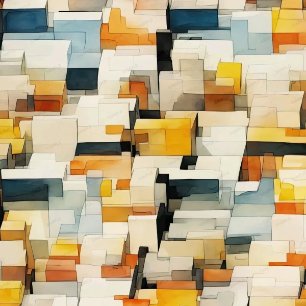 An abstract digital art piece featuring a complex arrangement of overlapping, three-dimensional geometric shapes. The shapes are in various hues including beige, orange, yellow, brown, and shades of blue, creating a mosaic-like pattern.