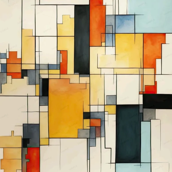 A geometric abstract painting featuring a grid pattern of rectangles and squares in various colors, including yellow, red, orange, black, and white. The shapes are outlined with black lines, creating a structured and balanced composition.