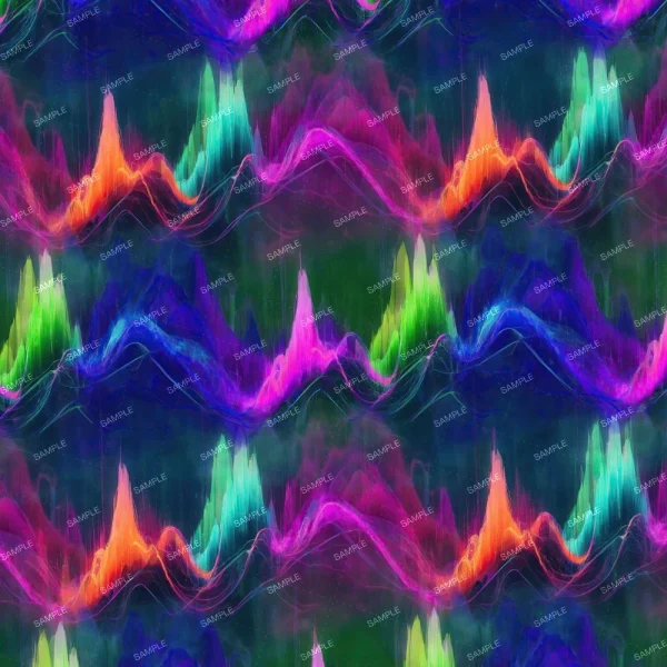 A colorful abstract digital pattern features wavy forms in bright colors such as purple, pink, green, and orange against a dark background. The image has a repeating wave-like structure with "SAMPLE" watermarked across it diagonally.