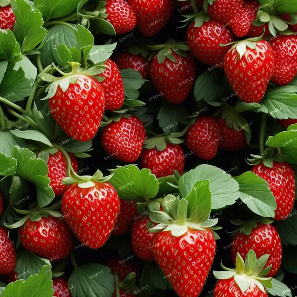 A close-up image of multiple ripe red strawberries with green leaves. The strawberries are fresh, and their seeds are visible. The background is filled with more strawberries and foliage.