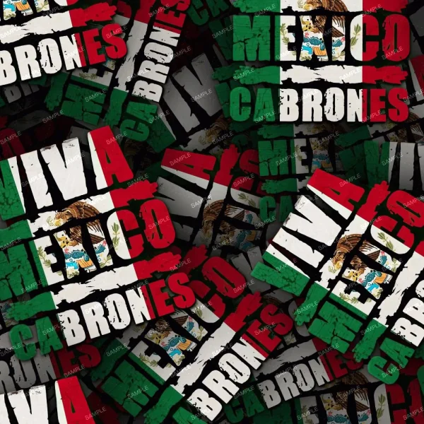 A collage of text phrases "Viva Mexico" and "Cabrones" in bold, colorful letters over a background showcasing the colors of the Mexican flag: green, white, and red. Some designs also include the Mexican coat of arms. "Sample" is watermarked across the image.