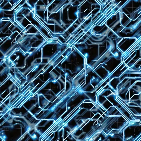 An abstract digital image featuring a complex pattern of interconnected blue circuit lines on a black background, resembling a high-tech circuit board or neural network, glowing with a neon effect.