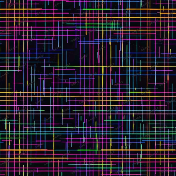 The image shows a pattern of intersecting, multicolored lines on a black background. The lines vary in color, including shades of blue, green, purple, and yellow, creating a grid-like appearance with both vertical and horizontal alignment.