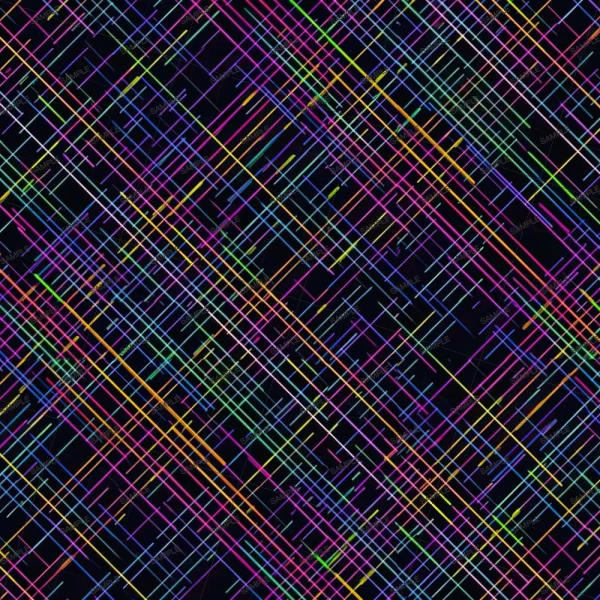 A multicolored abstract pattern features numerous intersecting diagonal lines over a black background. The lines vary in color including shades of pink, blue, green, yellow, and purple, creating a vibrant and dynamic visual effect.