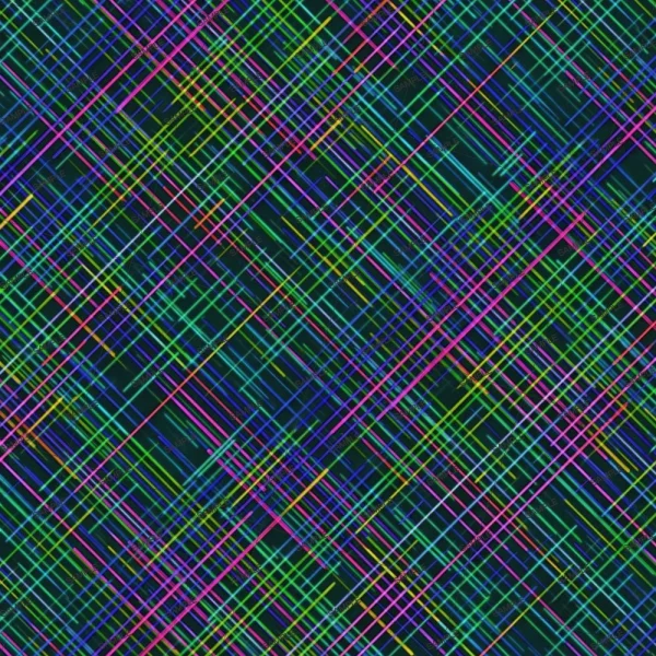 A vivid digital illustration featuring a complex grid pattern of intersecting lines in various colors including neon pink, green, blue, and yellow, set against a dark background. The lines overlap, creating a layered, intricate design.