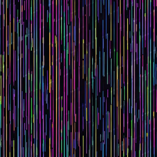 An abstract image featuring numerous vertical lines of varying colors and lengths on a black background. The lines are predominantly bright and composed of colors like blue, pink, green, yellow, purple, and orange, creating a visually vibrant pattern.