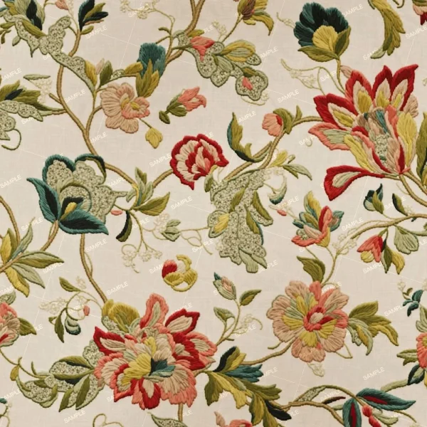 Floral fabric pattern featuring intricately detailed flowers and leaves in various shades of red, green, pink, and beige. The design is on a light beige background with a subtle texture. "SAMPLE" is repeatedly printed across the fabric.